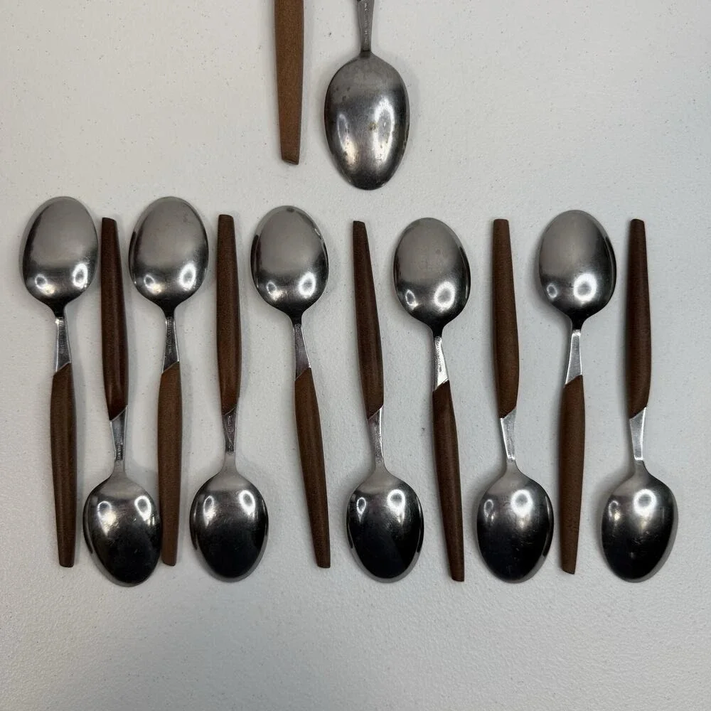 Eldan ELD2-BROWN‎ Set Of 12 Spoons Mid Century Modern Flatware Stainless Steel